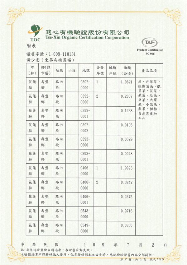 東華有機農場慈心驗證有機農產品驗證書附表